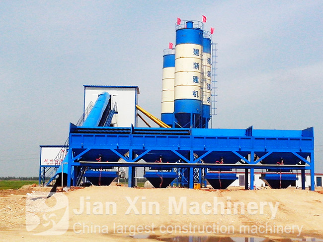 A 180 concrete mixing plant manufactured by Zhengzhou Jianxin works in Beijing.